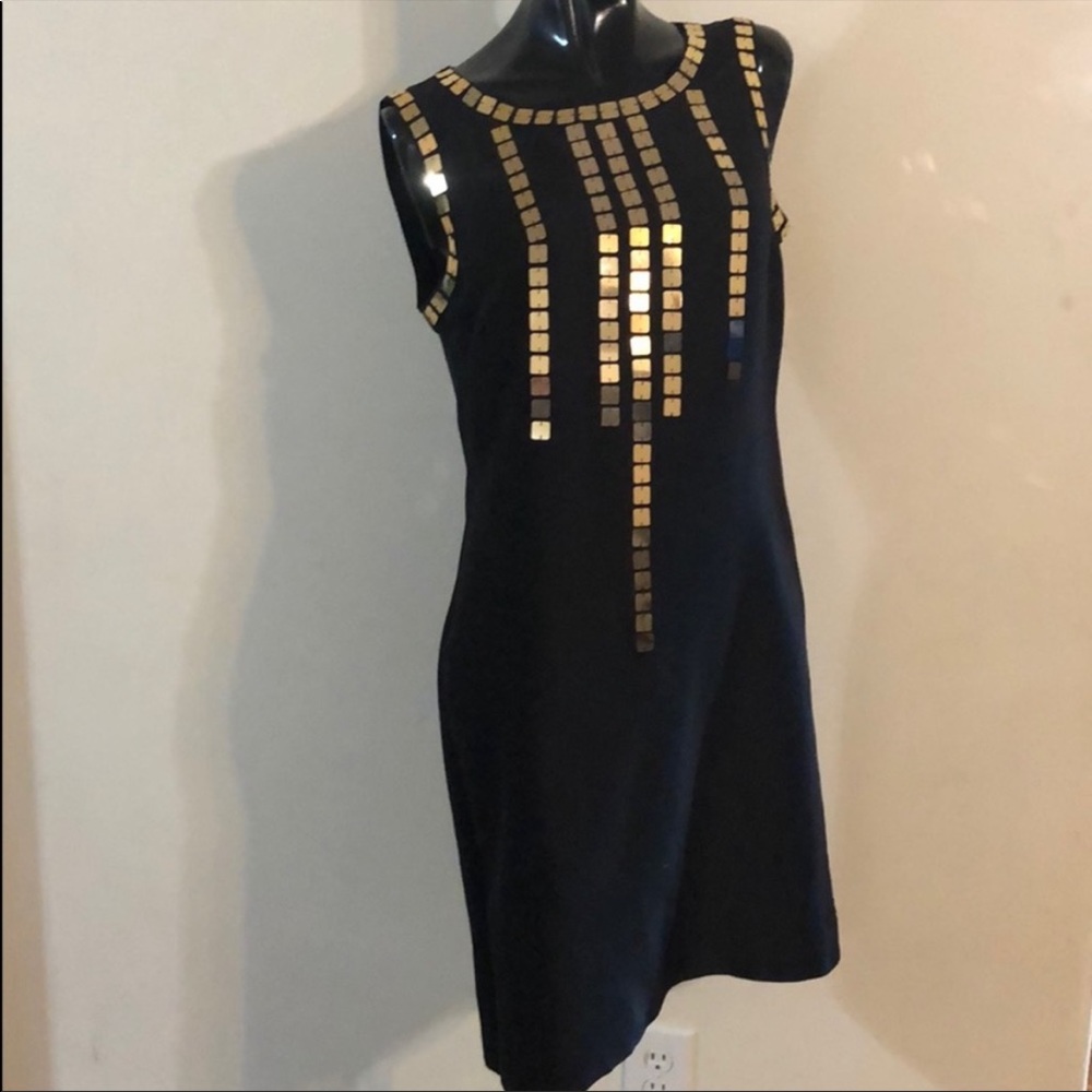 Tory Burch black silk shift dress gold sequins 8.